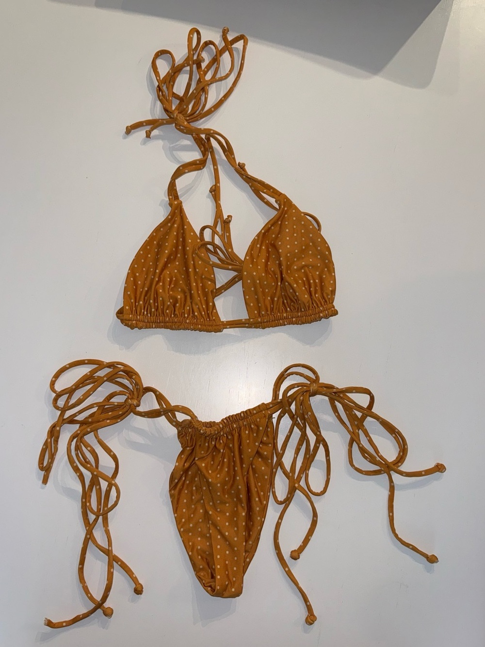 Mustard Polka Dot Tie-Side Triangle Bikini Top & Bottom Set